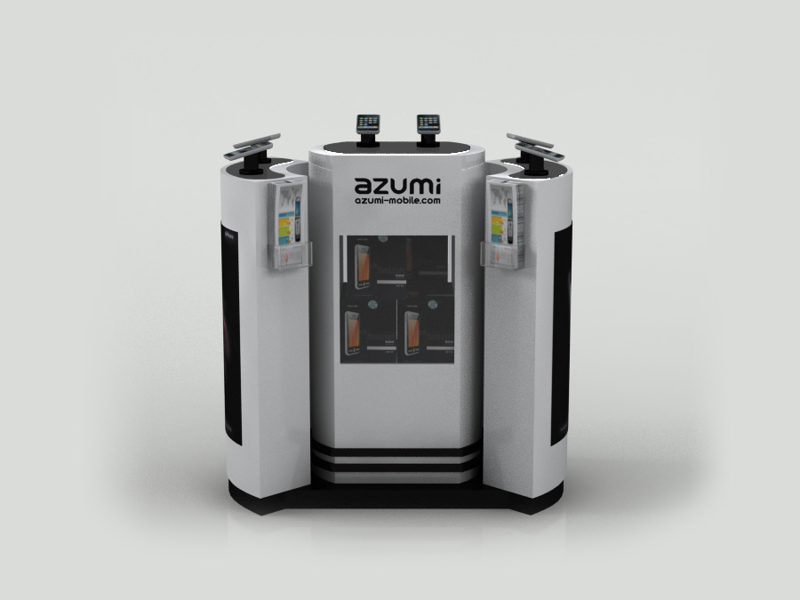 Render 3D stand telefonía Azumi vista frontal, mueble exhibidor smartphones con gráfica exterior modelado 3ds Max V-Ray 2011
