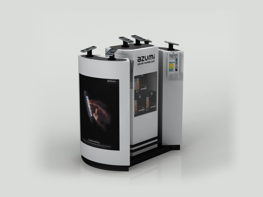 Render 3D stand telefonía Azumi vista lateral, exhibidor smartphones con gráfica exterior 3ds Max 2011