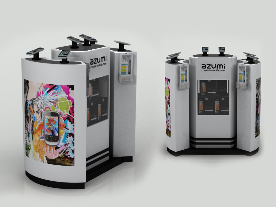 Render 3D stand telefonía Azumi vista perspectiva, exhibidor smartphones gráfica corporativa modelado 3D Chile 2011