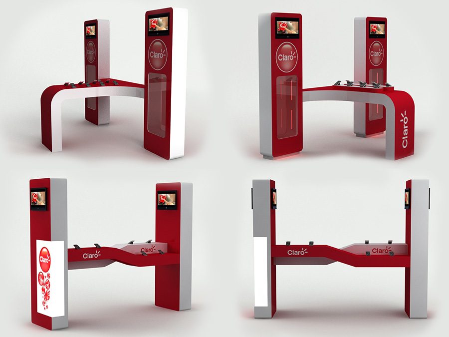 Render 3D stand Claro Telefonía cuatro vistas multiángulo, dos propuestas de stand para aprobación de cliente modelado 3ds Max 2012