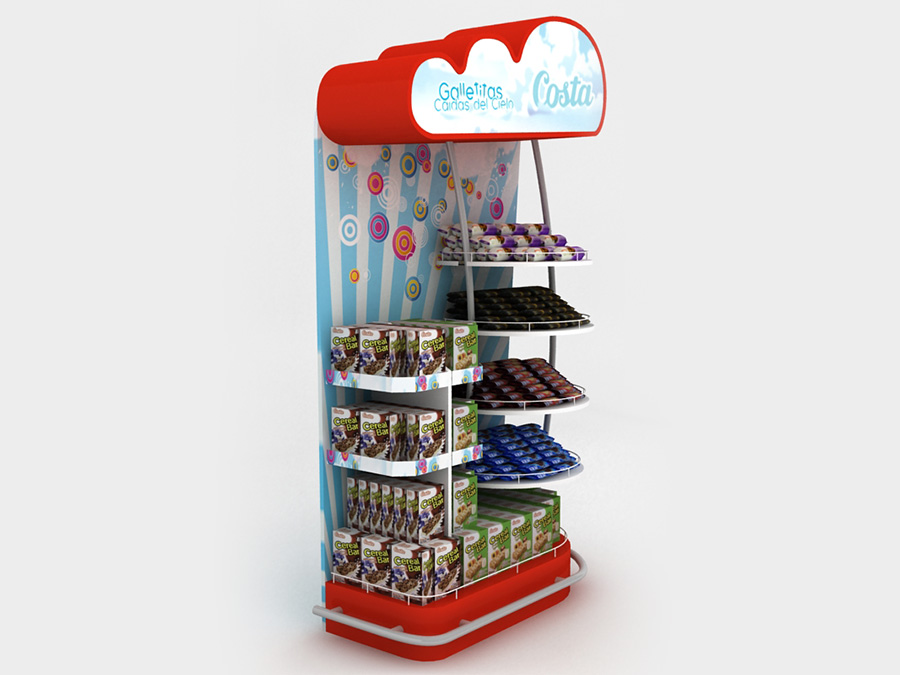 Render 3D cabecera de góndola Costa retail, visualización fotorrealista propuesta exhibidor confites modelado 3ds Max 2011