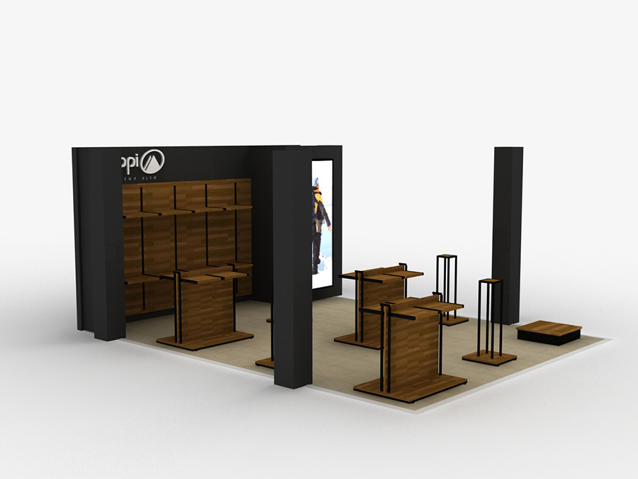 Render 3D showroom Lippi Outdoor segunda vista, visualización de espacio en retail con iluminación 3ds Max 2012