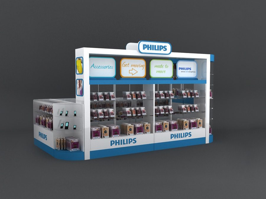 Render 3D isla de accesorios Philips retail, modelado y visualización propuesta mueble exhibidor punto de venta 2011