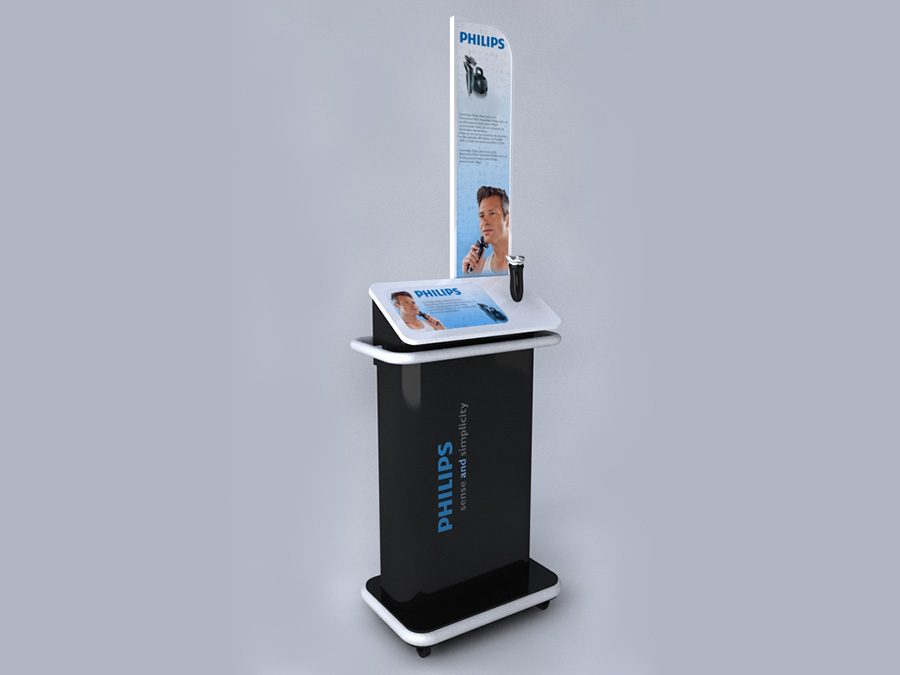 Render 3D podio exhibidor afeitadoras Philips punto de venta, mueble de pie con gráfica y producto real sell-out retail 2011