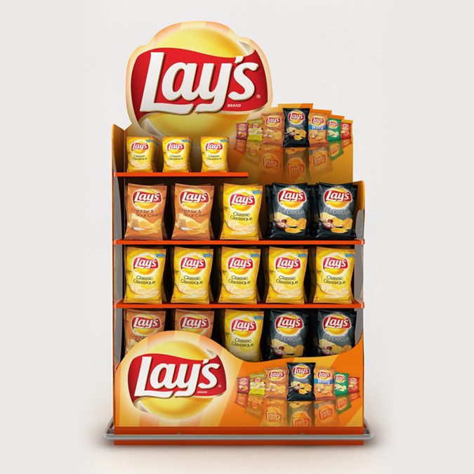 Render 3D fotorrealista exhibidor góndola Lay's retail, modelado en 3ds Max con V-Ray carga de producto real 2011