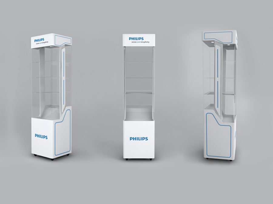 Render 3D vitrina iluminada Philips tres vistas, exhibidor con puertas de vidrio e iluminación interior para producción 2012