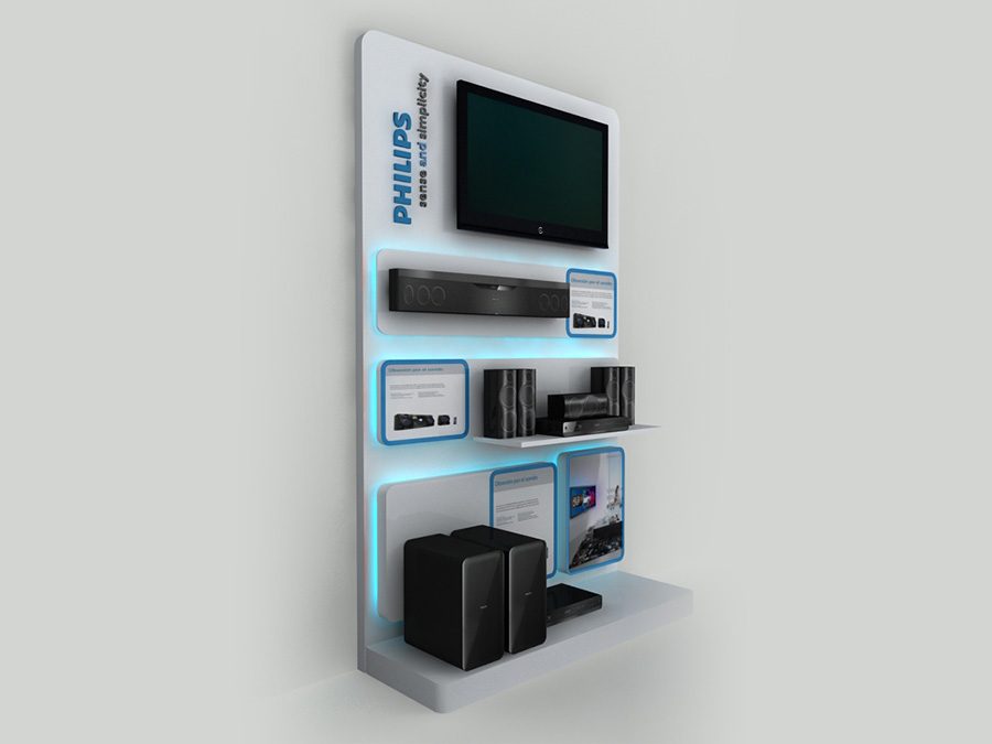 Render 3D wall display Philips Audio panel mural con iluminación integrada exhibición línea de sonido retail 2011