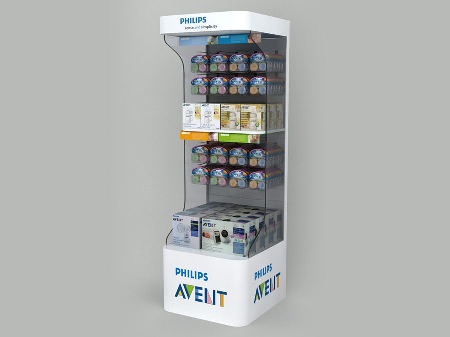 Render 3D exhibidor vertical Philips Avent para farmacia, visualización punto de venta con carga real de producto 2011