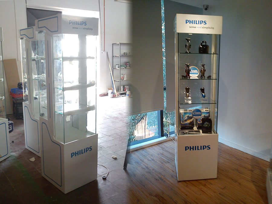 Render 3D vitrina iluminada Philips fabricada, exhibidor vidrio iluminación interior retail Santiago 2012