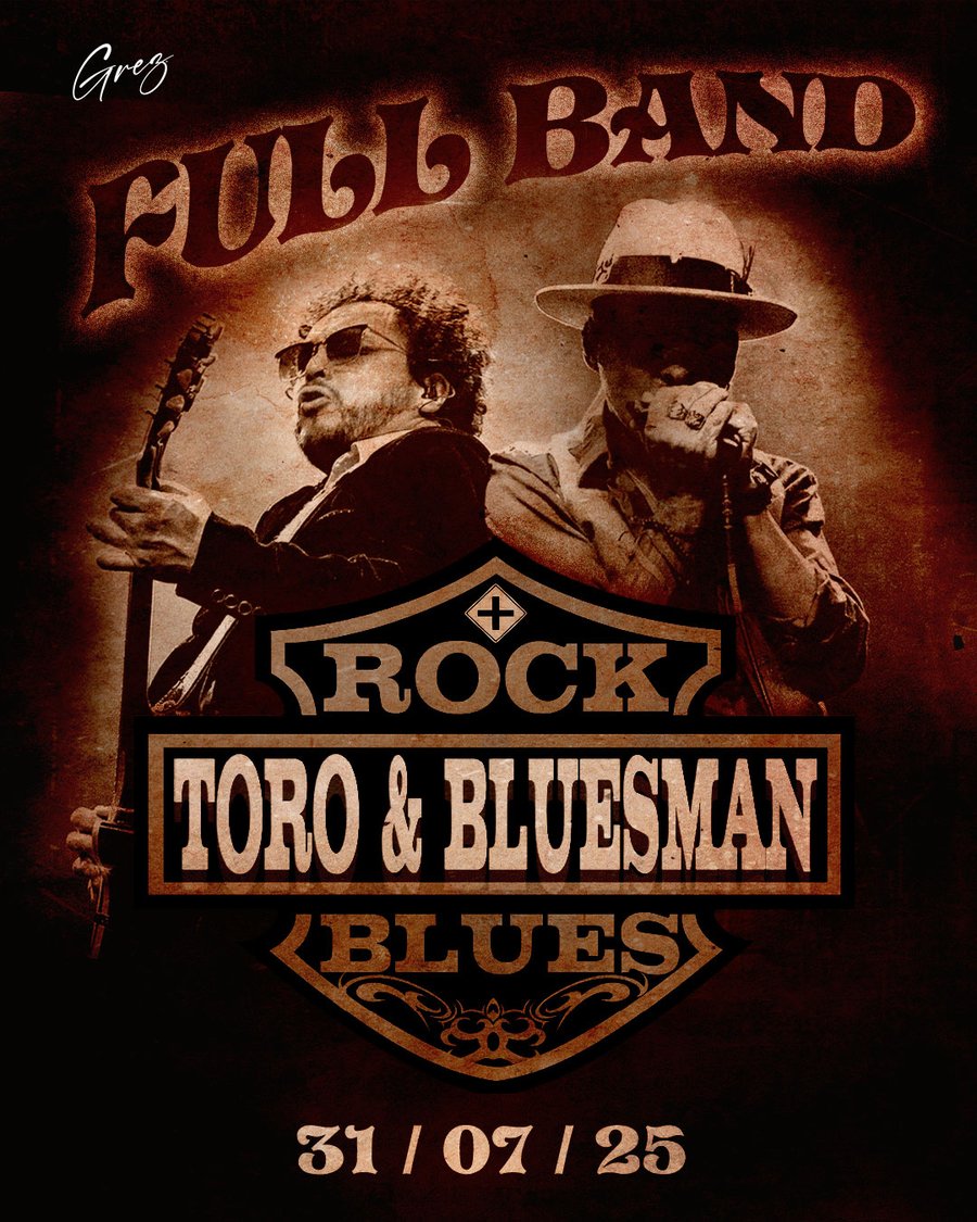 Afiche estética vintage sepia para Toro y Bluesman Full Band, diseño gráfico con tipografía personalizada Santiago 2025