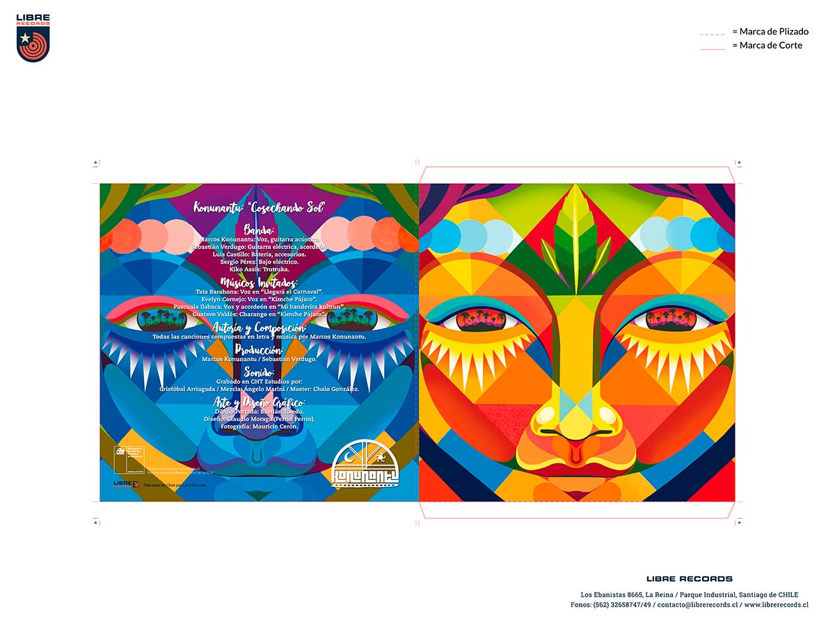 Diseño gráfico de vinilo LP Cosechando Sol de Konunantu, portada y contraportada gatefold lanzado 2017