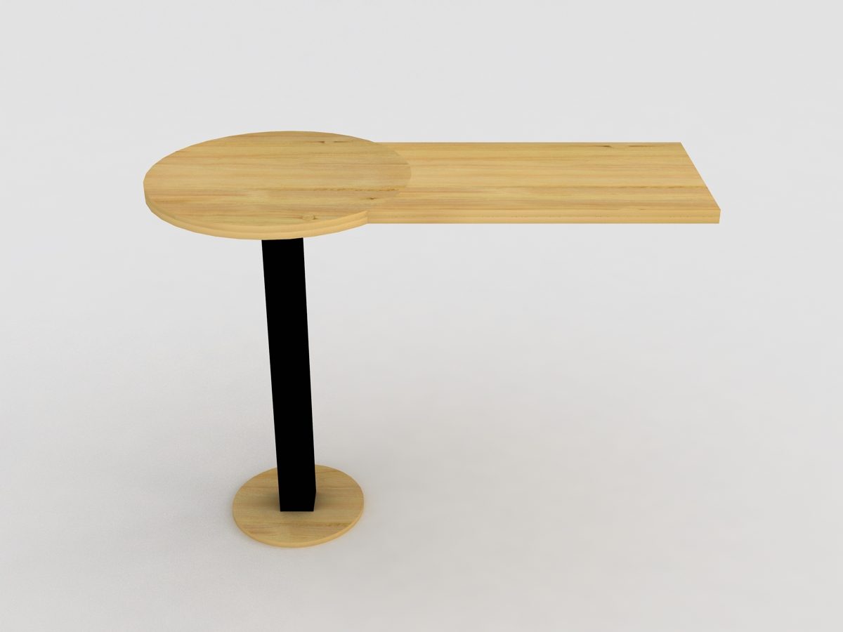 Render 3D previo a fabricación mesa bar para El Cruce vista lateral, tablero terciado 15mm doble espesor pata fierro circular esmaltada negra