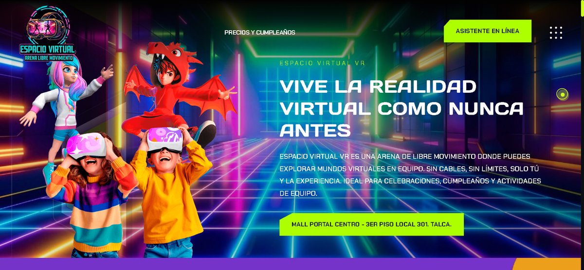 Sitio web Espacio Virtual VR Talca arena de realidad virtual, diseño WordPress Elementor con galería de experiencias y precios